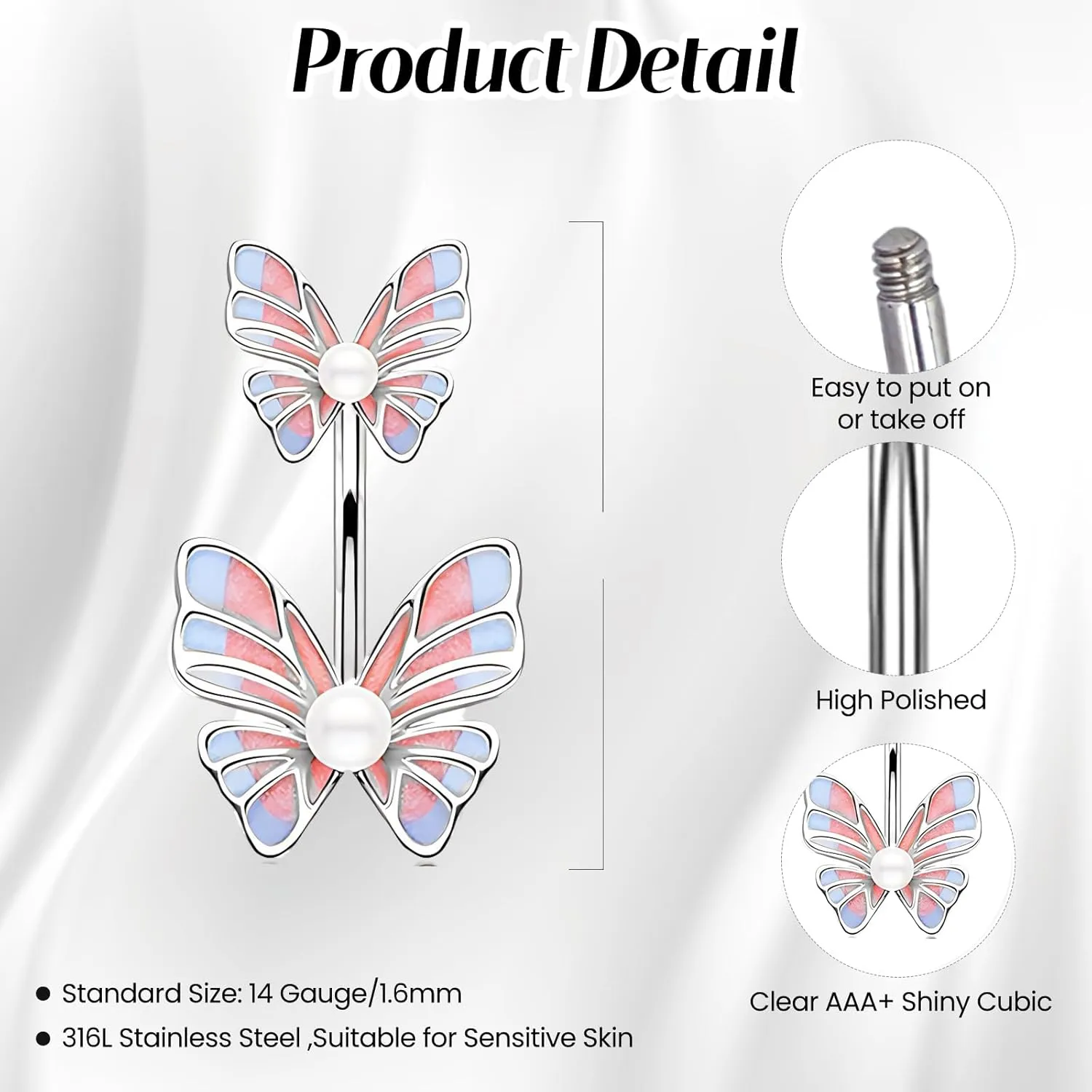 1 Pcs Belly Button Rings for Women Diamond Belly Rings Stainless Surgical Steel Reverse Piercing Belly Ring Butterfly Designs Spring Summer Navel Piercing Jewelry