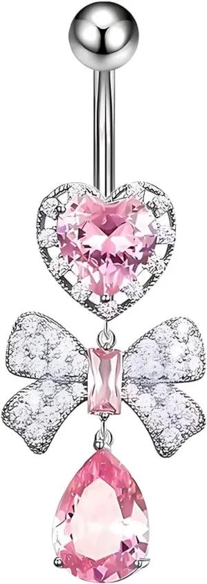 1 Pcs Bow Belly Button Ring 14G Surgical Steel Belly Ring Heart Rhinestone Designs Belly Piercing Jewelry,Curved Navel Rings Belly Rings for Women