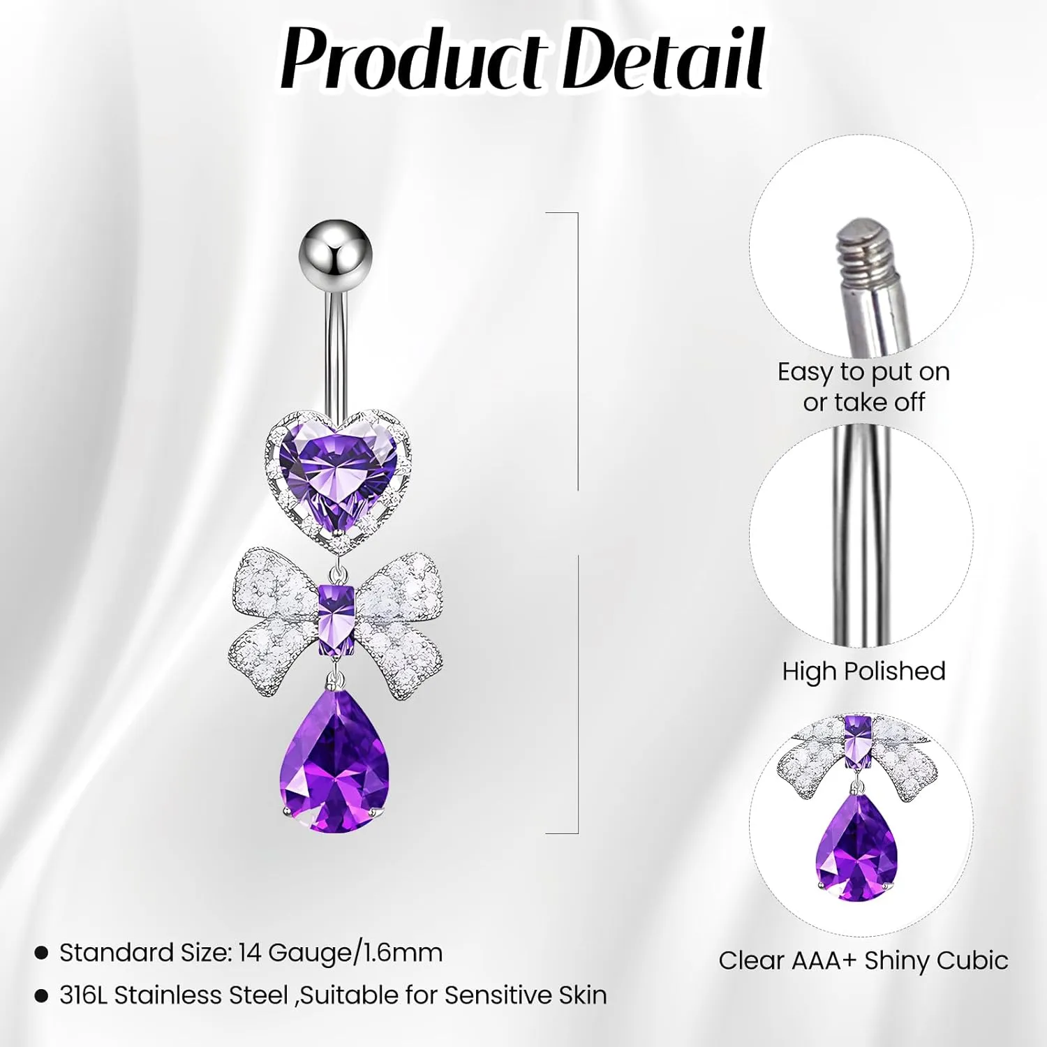 1 Pcs Bow Belly Button Ring 14G Surgical Steel Belly Ring Heart Rhinestone Designs Belly Piercing Jewelry,Curved Navel Rings Belly Rings for Women