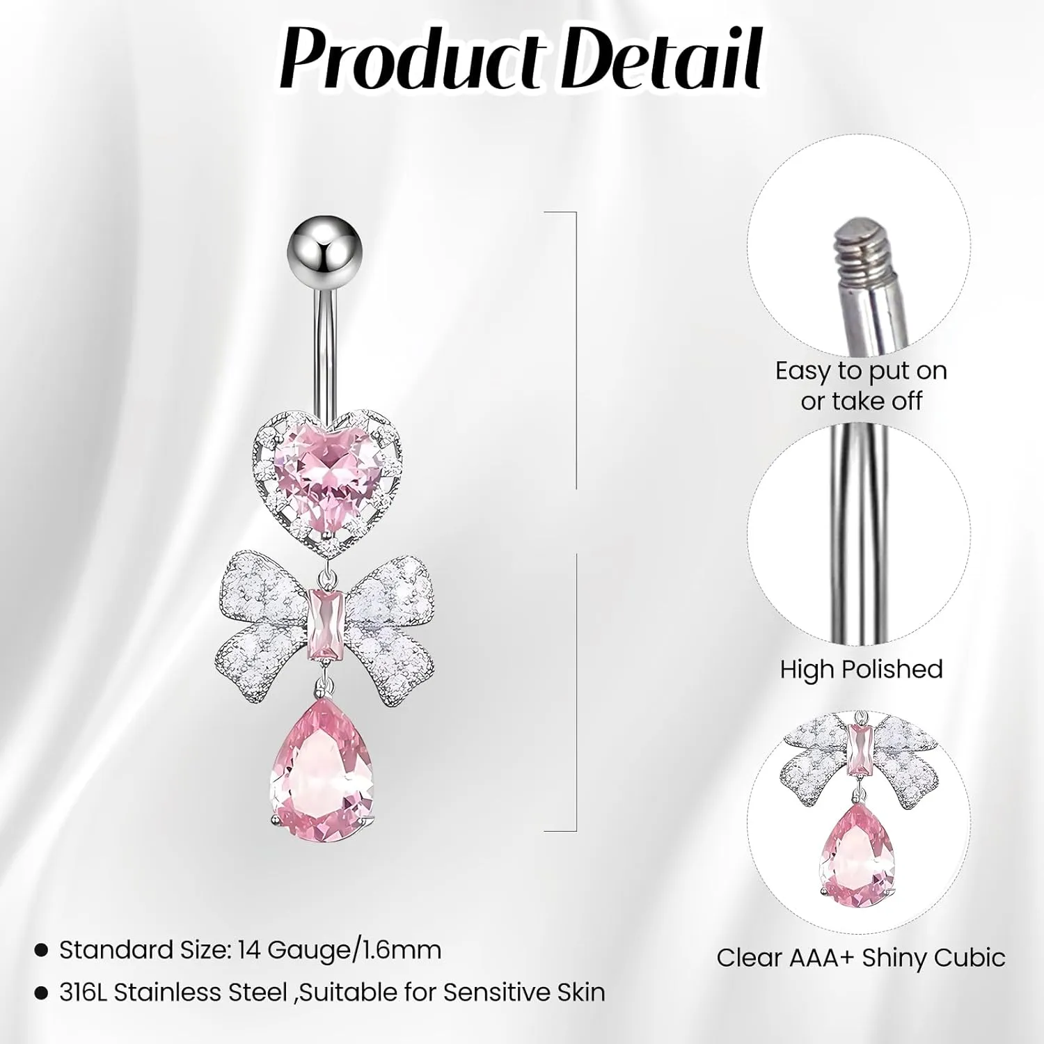 1 Pcs Bow Belly Button Ring 14G Surgical Steel Belly Ring Heart Rhinestone Designs Belly Piercing Jewelry,Curved Navel Rings Belly Rings for Women