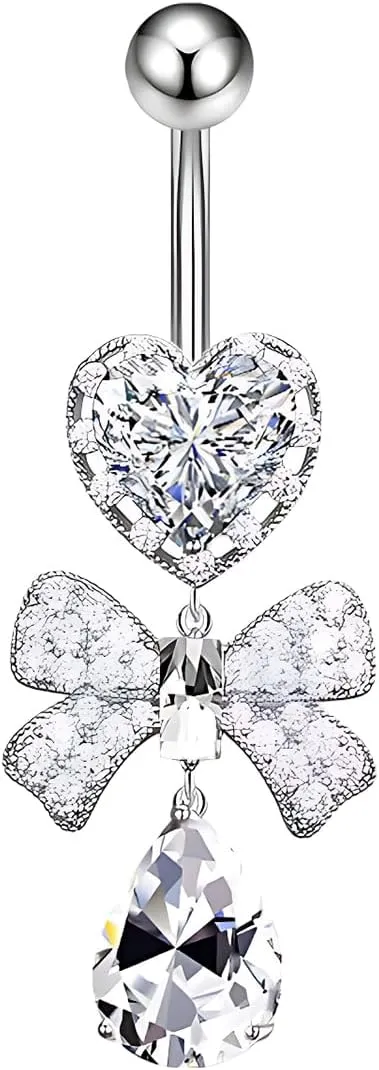 1 Pcs Bow Belly Button Ring 14G Surgical Steel Belly Ring Heart Rhinestone Designs Belly Piercing Jewelry,Curved Navel Rings Belly Rings for Women