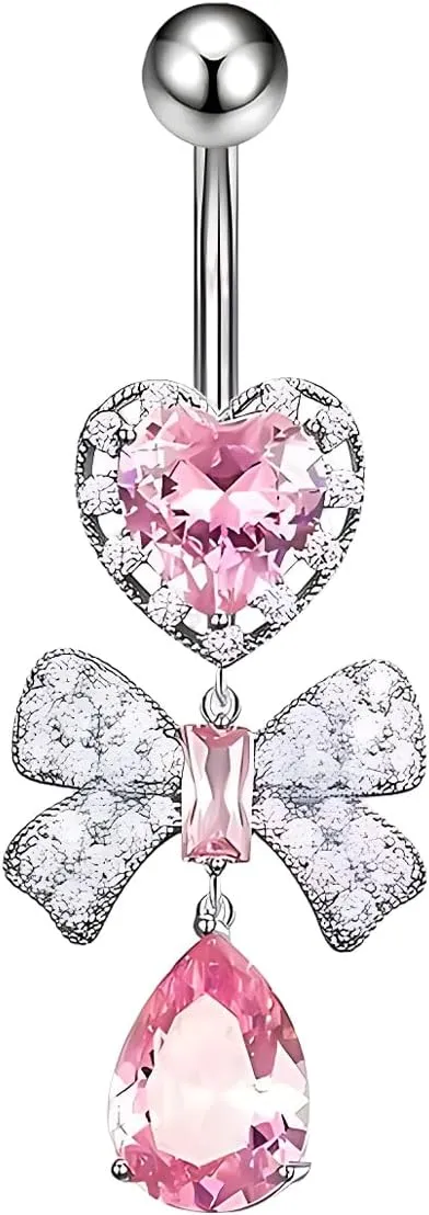 1 Pcs Bow Belly Button Ring 14G Surgical Steel Belly Ring Heart Rhinestone Designs Belly Piercing Jewelry,Curved Navel Rings Belly Rings for Women