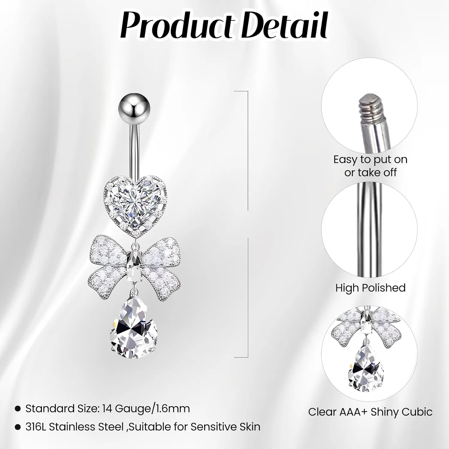 1 Pcs Bow Belly Button Ring 14G Surgical Steel Belly Ring Heart Rhinestone Designs Belly Piercing Jewelry,Curved Navel Rings Belly Rings for Women