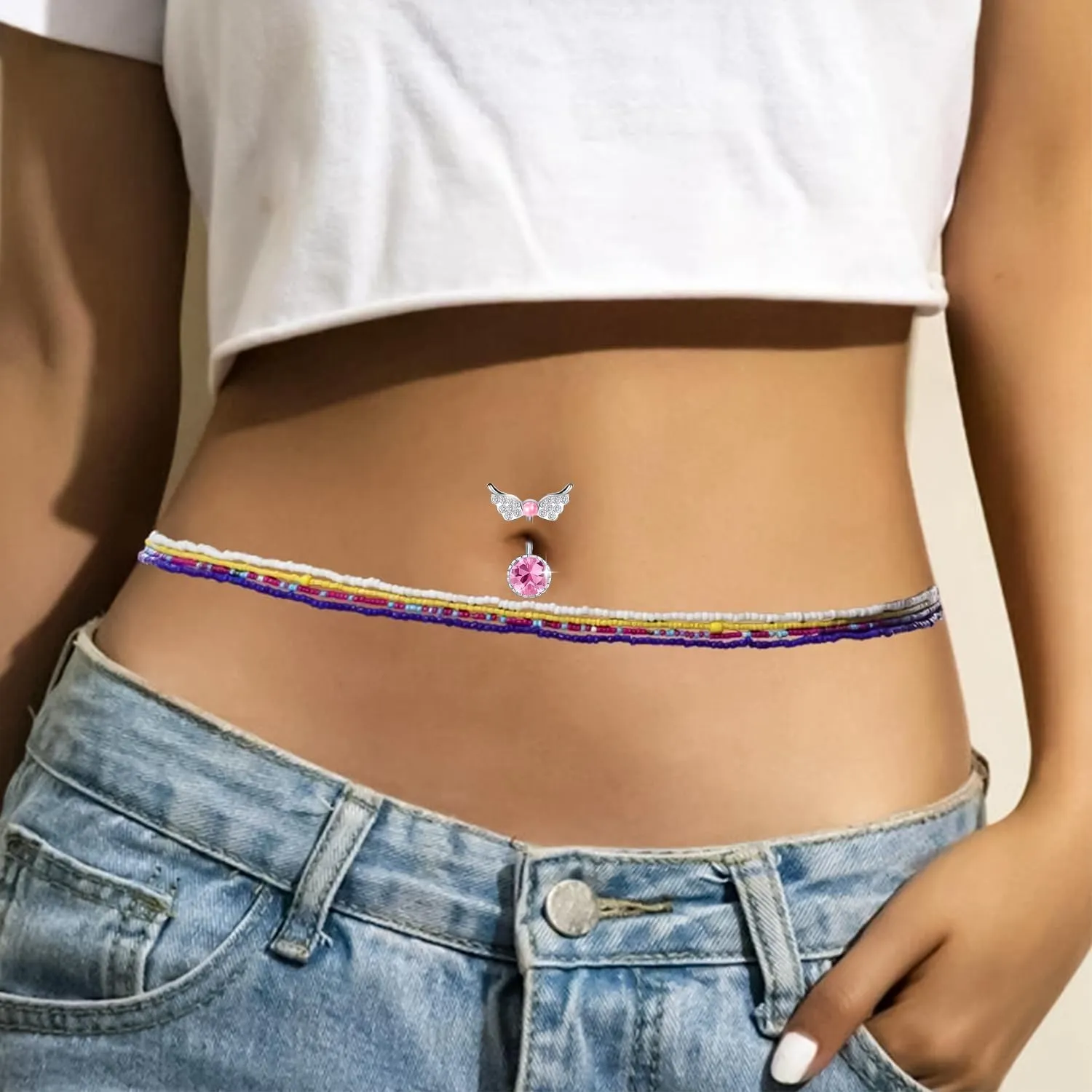1 Pcs Pink Diamond Belly Rings Belly Button Ring 14G Stainless Surgical Steel Reverse Belly Button Piercing Belly Rings Navel Piercing Jewelry for Women
