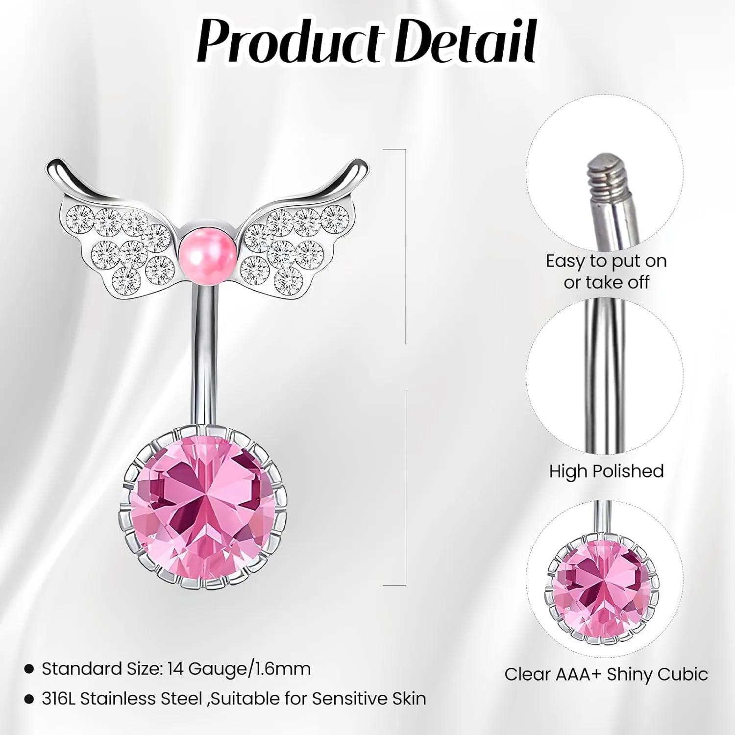 1 Pcs Pink Diamond Belly Rings Belly Button Ring 14G Stainless Surgical Steel Reverse Belly Button Piercing Belly Rings Navel Piercing Jewelry for Women