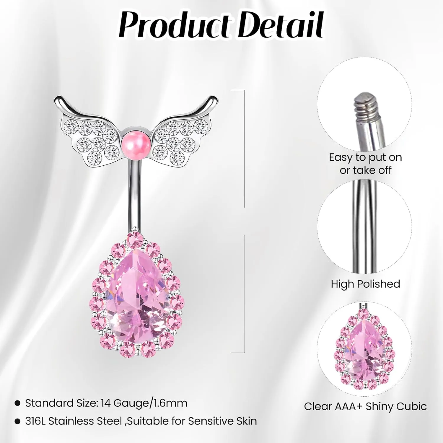 1 Pcs Pink Diamond Belly Rings Belly Button Ring 14G Stainless Surgical Steel Reverse Belly Button Piercing Belly Rings Navel Piercing Jewelry for Women