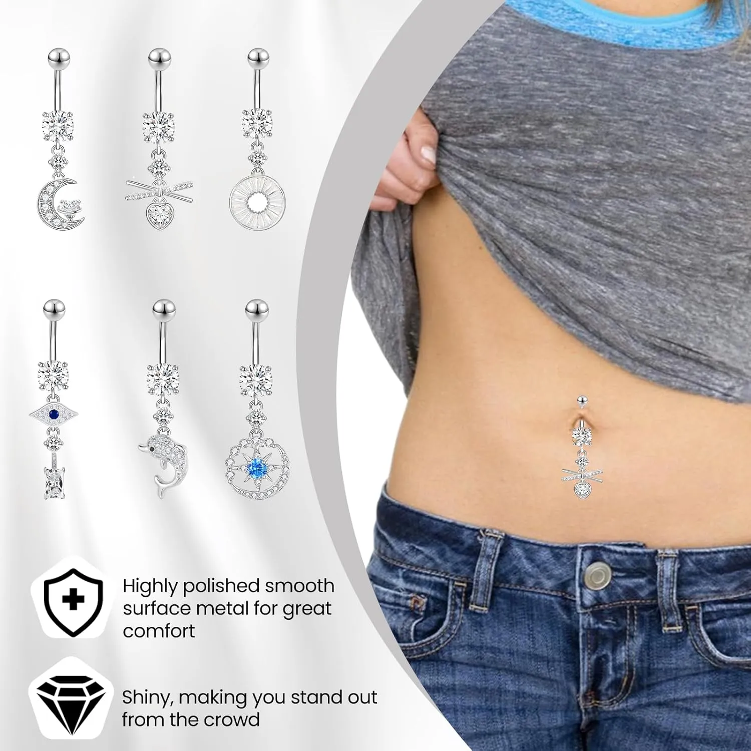 1 Pcs Silvery Belly Button Rings, 14G Surgical Steel Belly Rings Diamond Belly Ring Dangle Belly Button Ring, Navel Piercings for Women