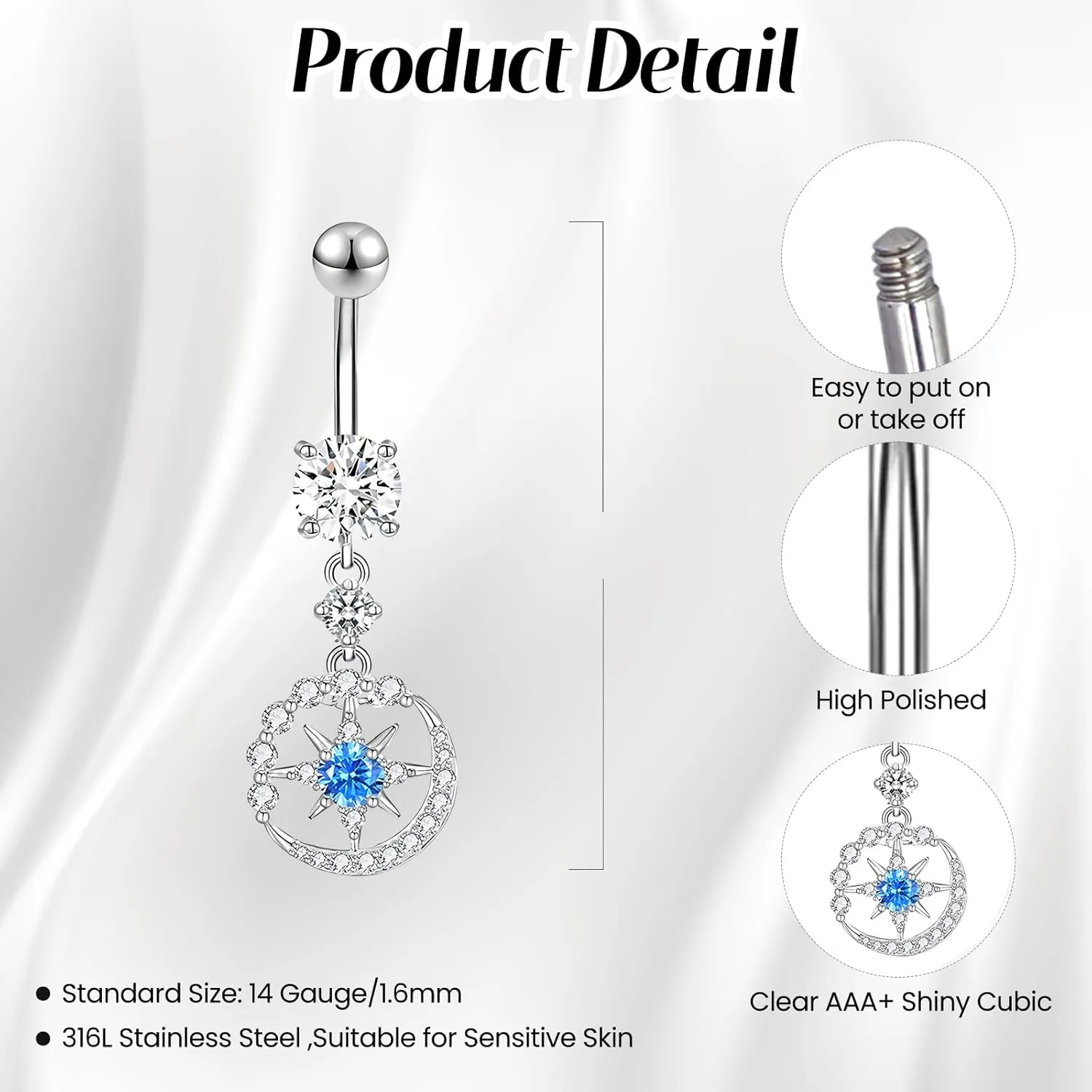 1 Pcs Silvery Belly Button Rings, 14G Surgical Steel Belly Rings Diamond Belly Ring Dangle Belly Button Ring, Navel Piercings for Women