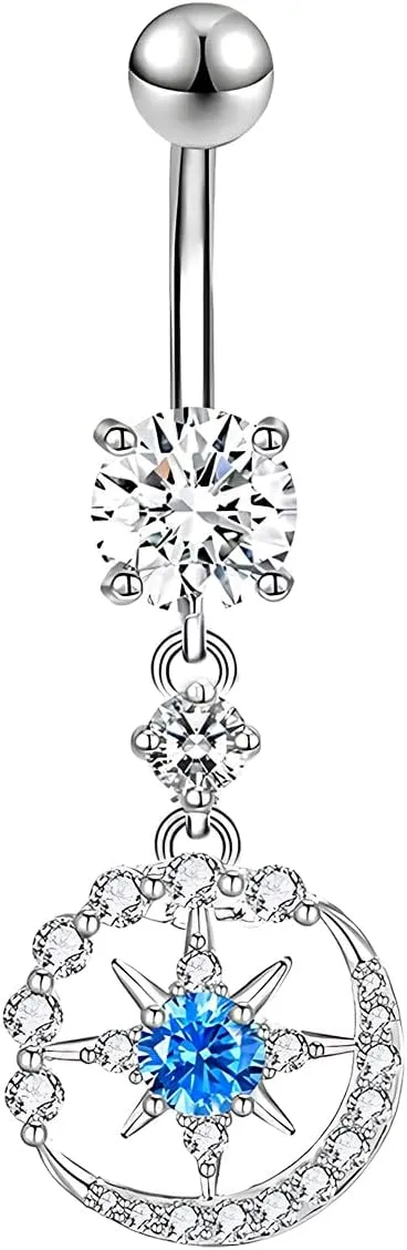 1 Pcs Silvery Belly Button Rings, 14G Surgical Steel Belly Rings Diamond Belly Ring Dangle Belly Button Ring, Navel Piercings for Women