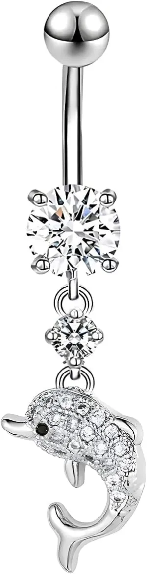1 Pcs Silvery Belly Button Rings, 14G Surgical Steel Belly Rings Diamond Belly Ring Dangle Belly Button Ring, Navel Piercings for Women