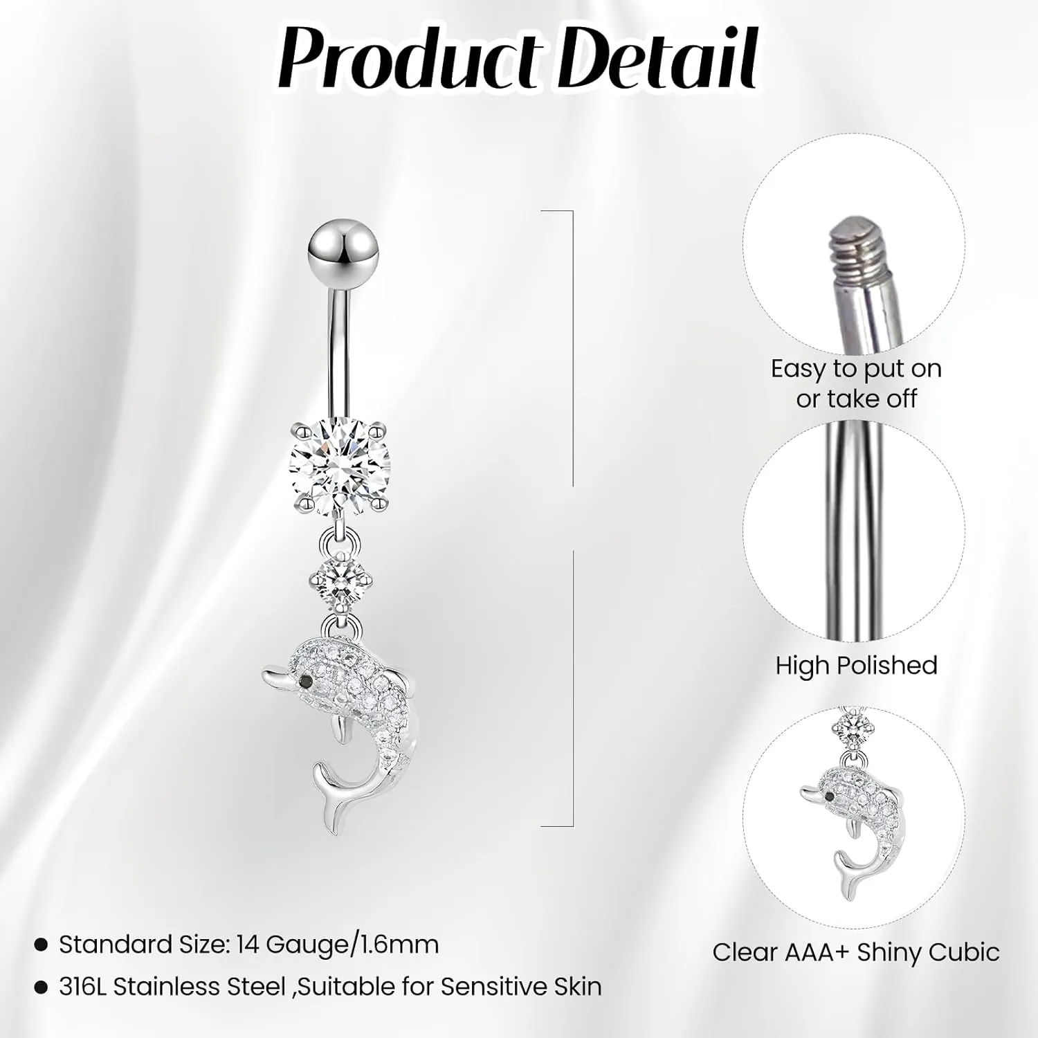 1 Pcs Silvery Belly Button Rings, 14G Surgical Steel Belly Rings Diamond Belly Ring Dangle Belly Button Ring, Navel Piercings for Women