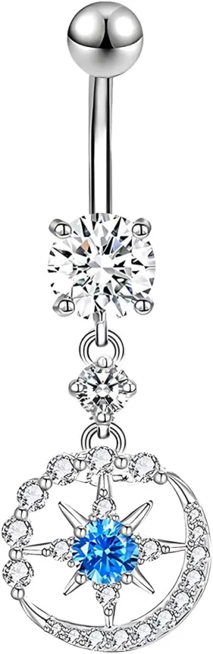 1 Pcs Silvery Belly Button Rings, 14G Surgical Steel Belly Rings Diamond Belly Ring Dangle Belly Button Ring, Navel Piercings for Women