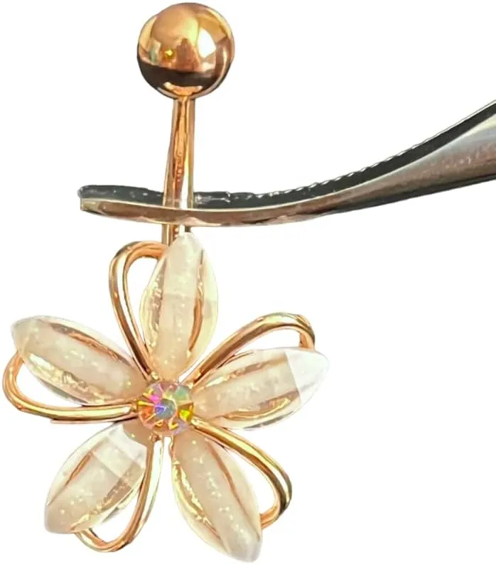 1 Piece Brilliant CZ Gem Center Wire Flower Belly Button Ring - Pierced Navel Gold Plated Naval - Body Jewelry