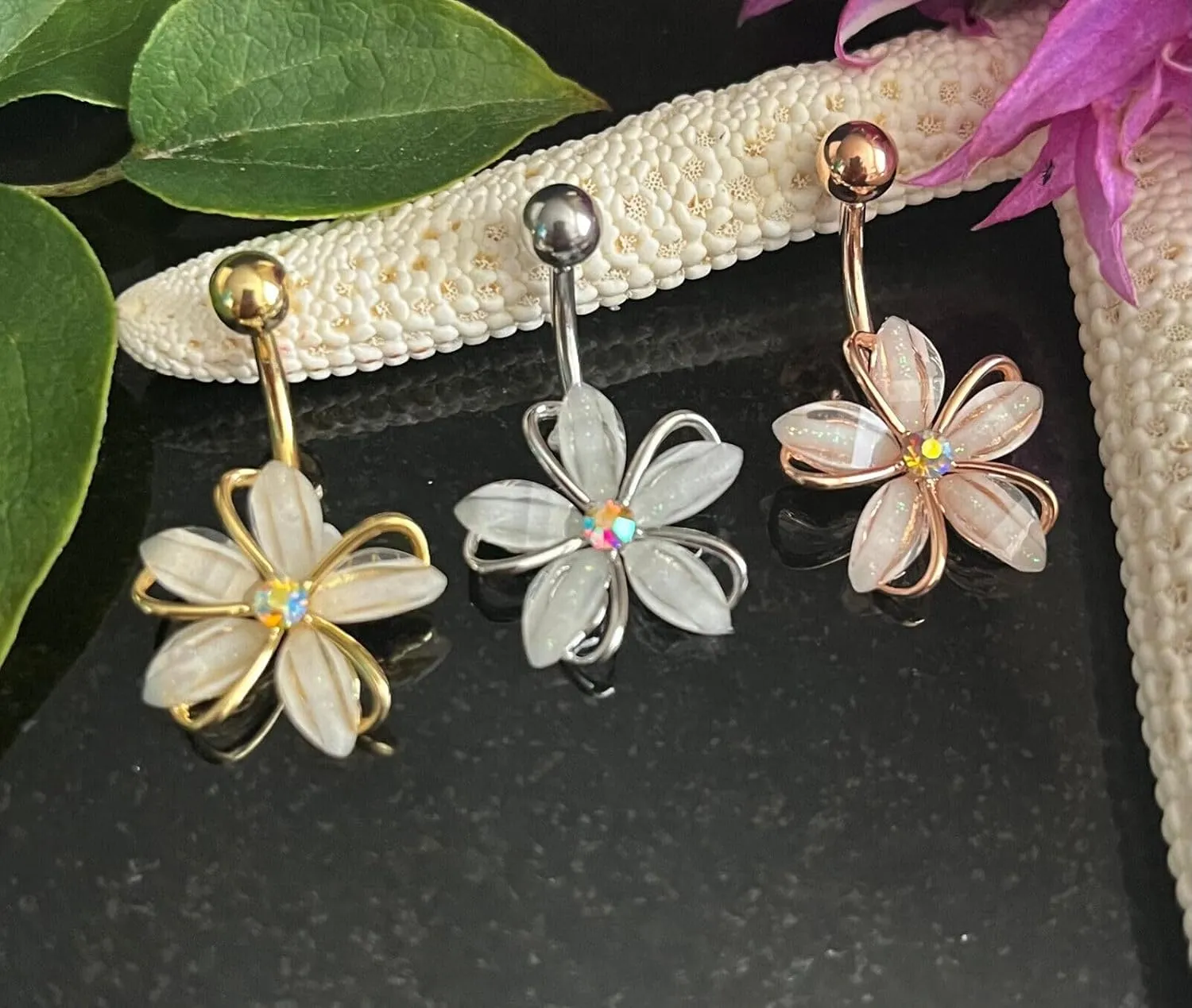 1 Piece Brilliant CZ Gem Center Wire Flower Belly Button Ring - Pierced Navel Gold Plated Naval - Body Jewelry