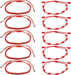 10-Piece Adjustable String Bracelets - 7 Knots Style, Red Cord, Braided Bracelet Amulet for Protection, Good Luck, Friendship, Lovers