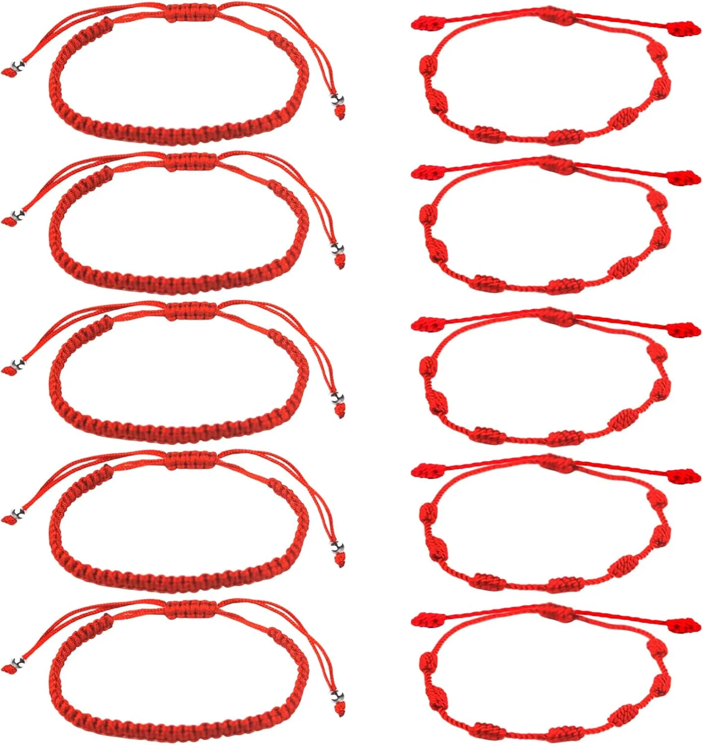 10-Piece Adjustable String Bracelets - 7 Knots Style, Red Cord, Braided Bracelet Amulet for Protection, Good Luck, Friendship, Lovers