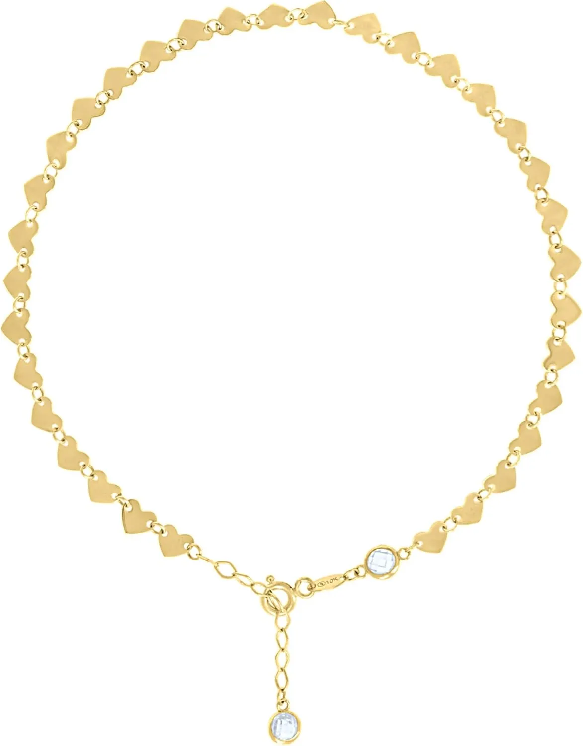 10K Yellow Gold CZ Women's Cable & Heart Charm Link Anklet 9"   1" Extension
