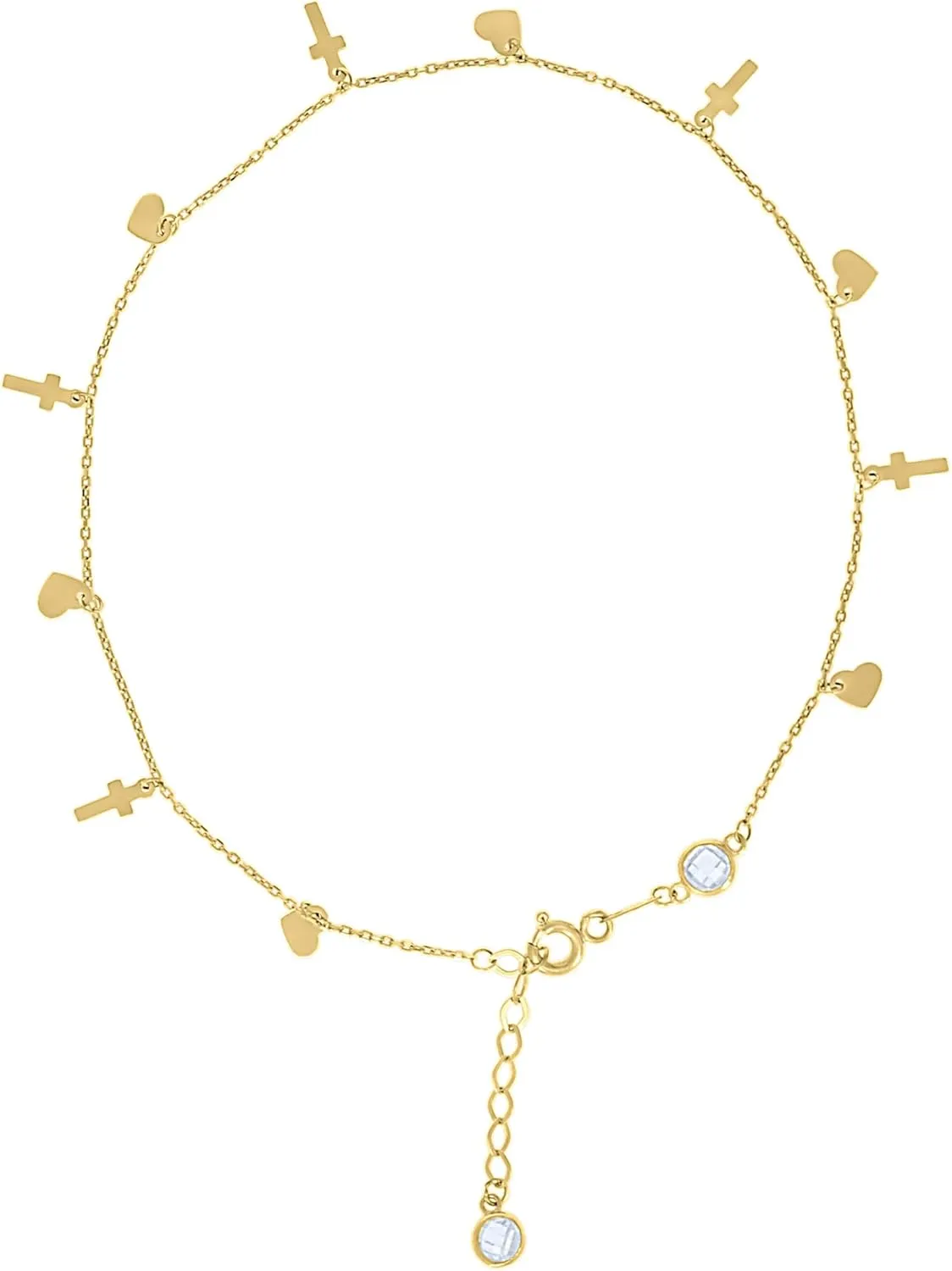 10K Yellow Gold CZ Women's Heart & Cross Charms Cable Anklet 9"   1" Extension