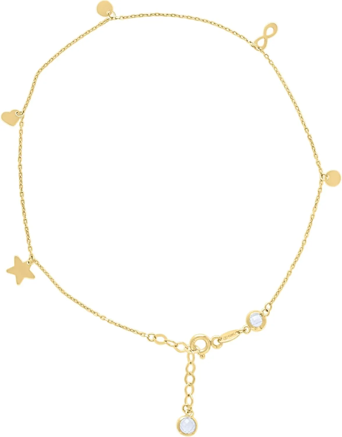 10K Yellow Gold CZ Women's Heart, Infinity, Star & Circle Charm Cable Anklet 10"