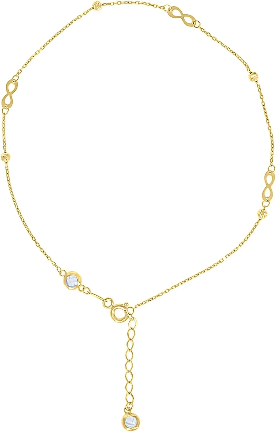 10K Yellow Gold CZ Women's Infinity & Diamond Cut Bead Charm Cable Anklet 9"   1"
