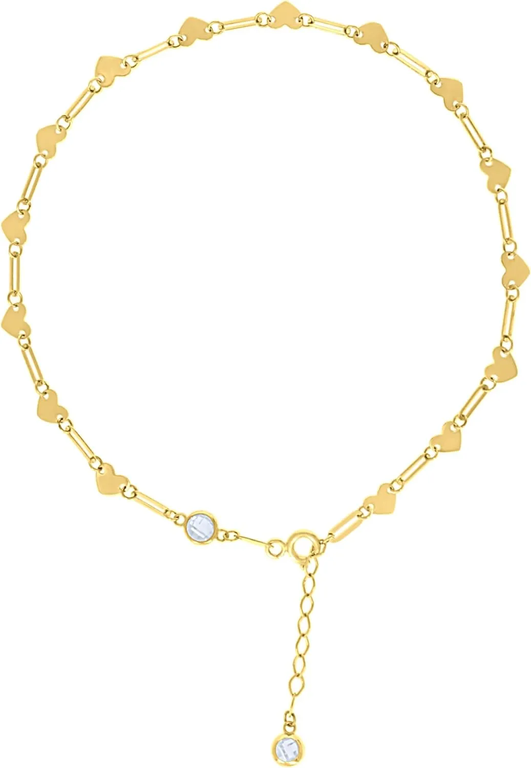 10K Yellow Gold CZ Women's Rectangle & Heart Charm Link Anklet 9"   1" Extension