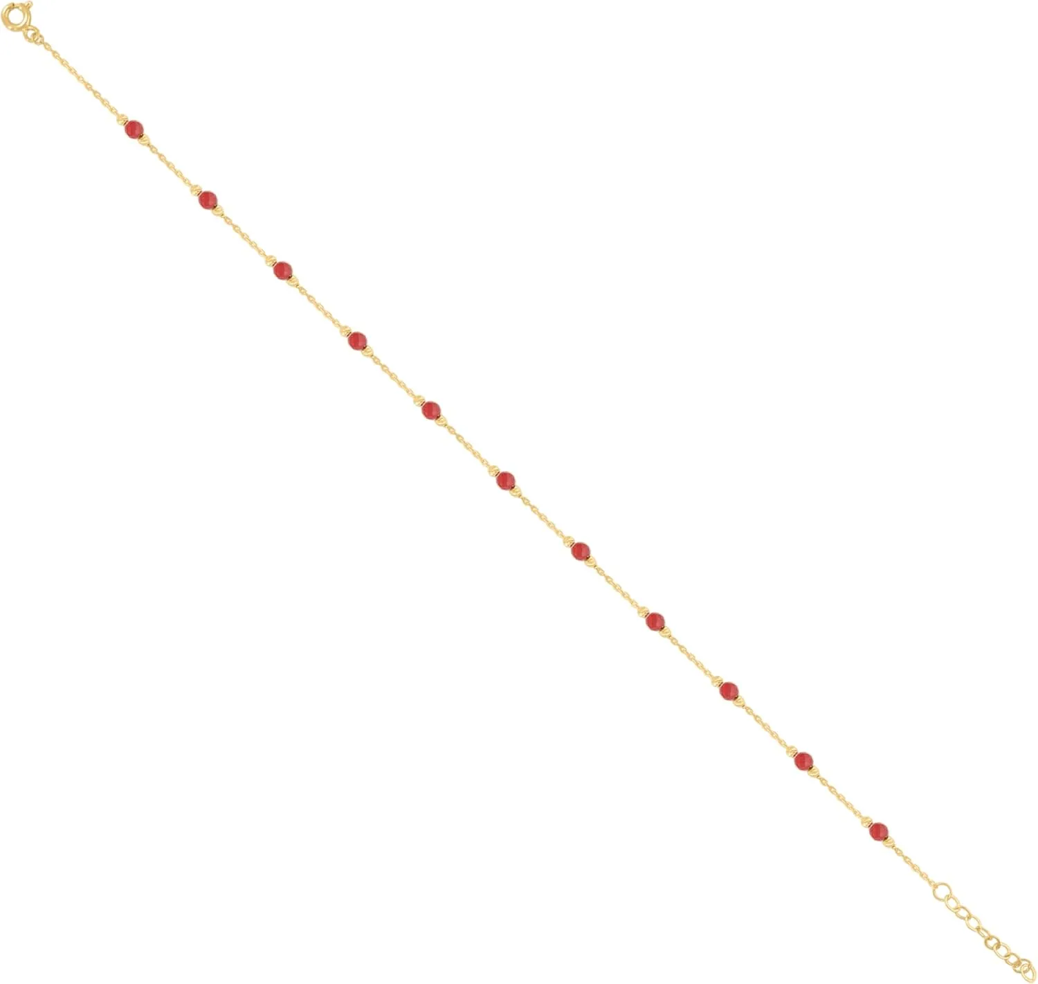 10K Yellow Gold Red CZ Women's Diamond Cut Bead Cable Anklet 9"   1" Extension