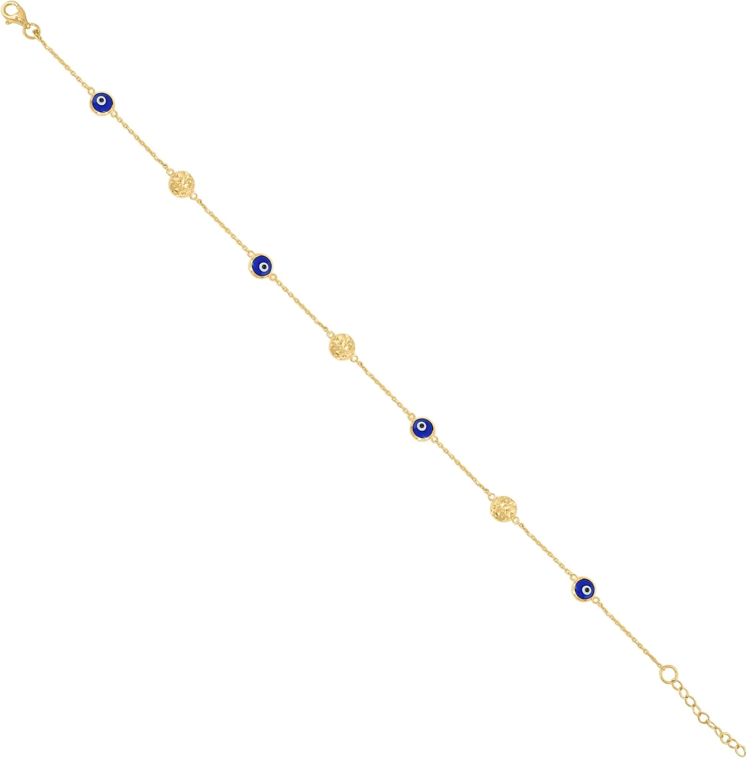 10K Yellow Gold Women Blue & Black Enamel Evil Eye Bead Cable Anklet 9"   1" Ext