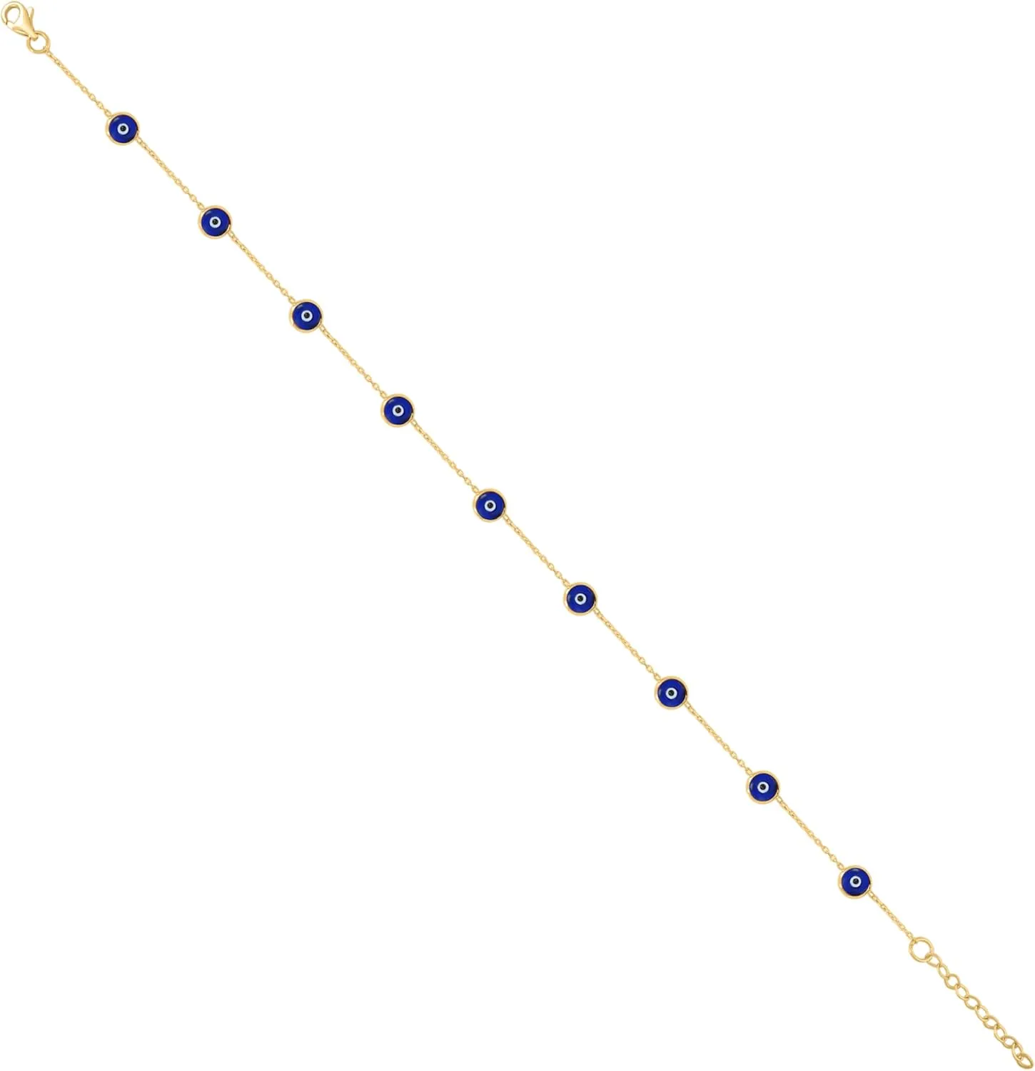 10K Yellow Gold Women's Blue & Black Enameled Evil Eye Cable Anklet 9"   1" Ext