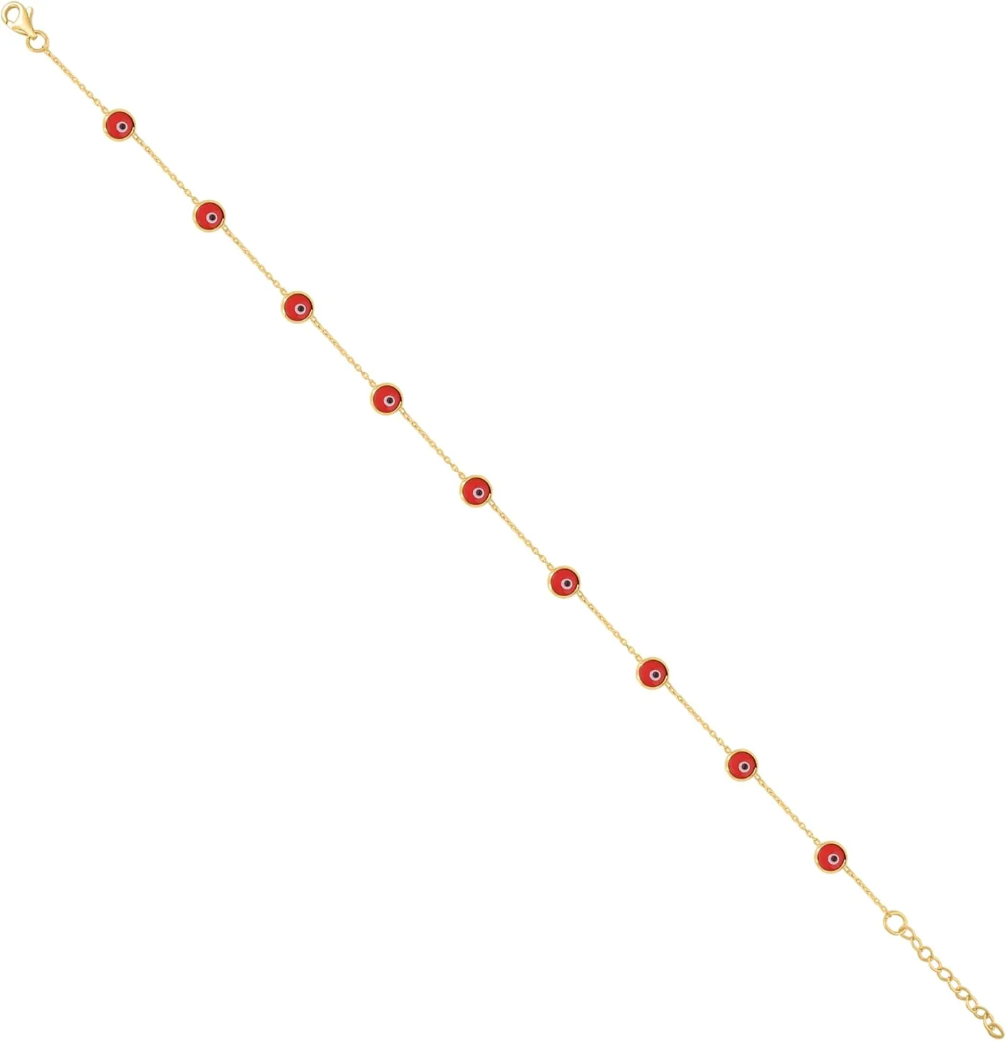 10K Yellow Gold Women's Red & Black Enameled Evil Eye Cable Anklet 9"   1" Ext