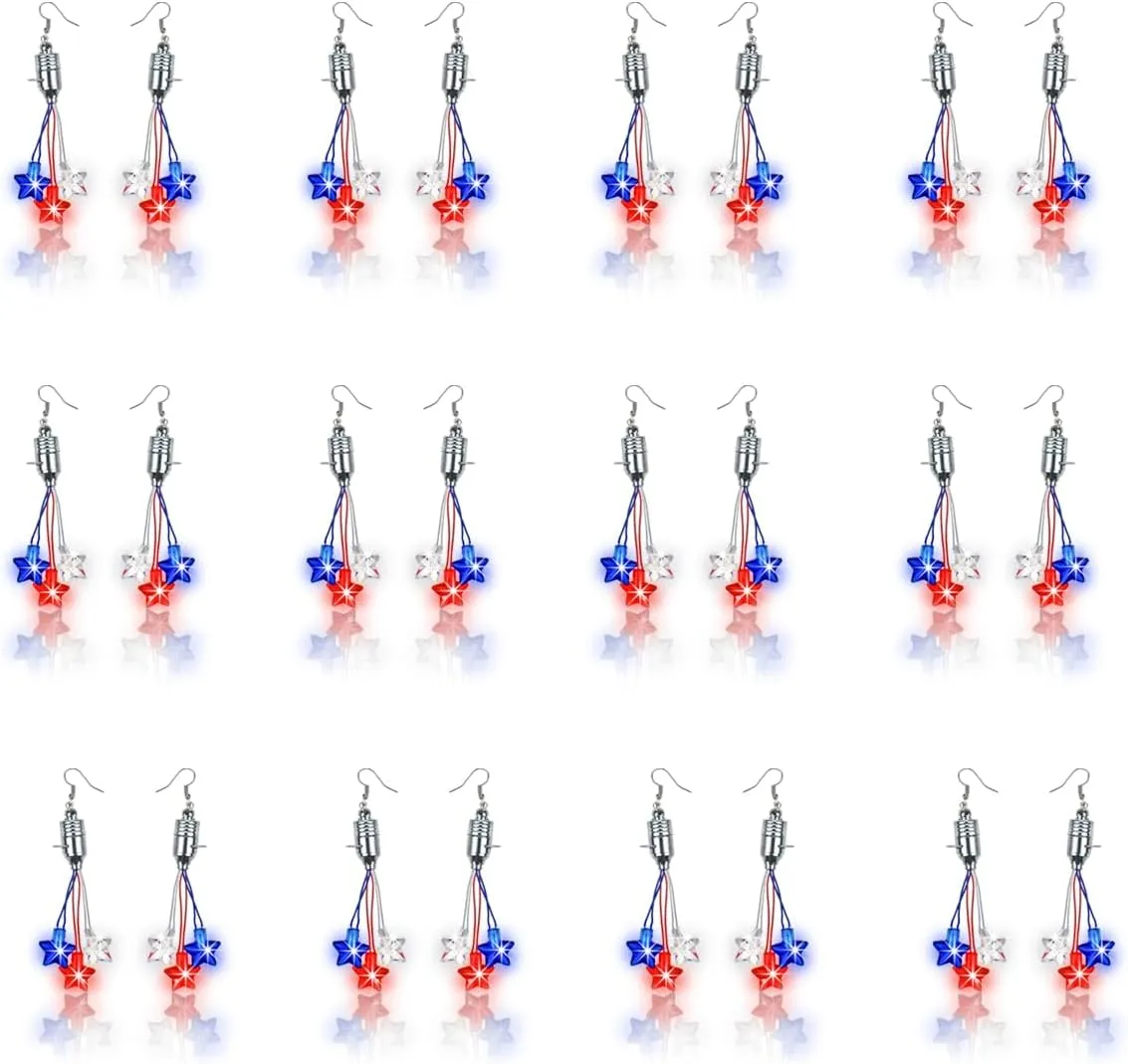 12 Pairs 4th of July Light Up Earrings,LED Earrings,Flashing 3 Stars Dangle-Earrings Glow In The Dark Festival Outfits for Women, 4th of July Party Favors, Memorial Day,Independence Day