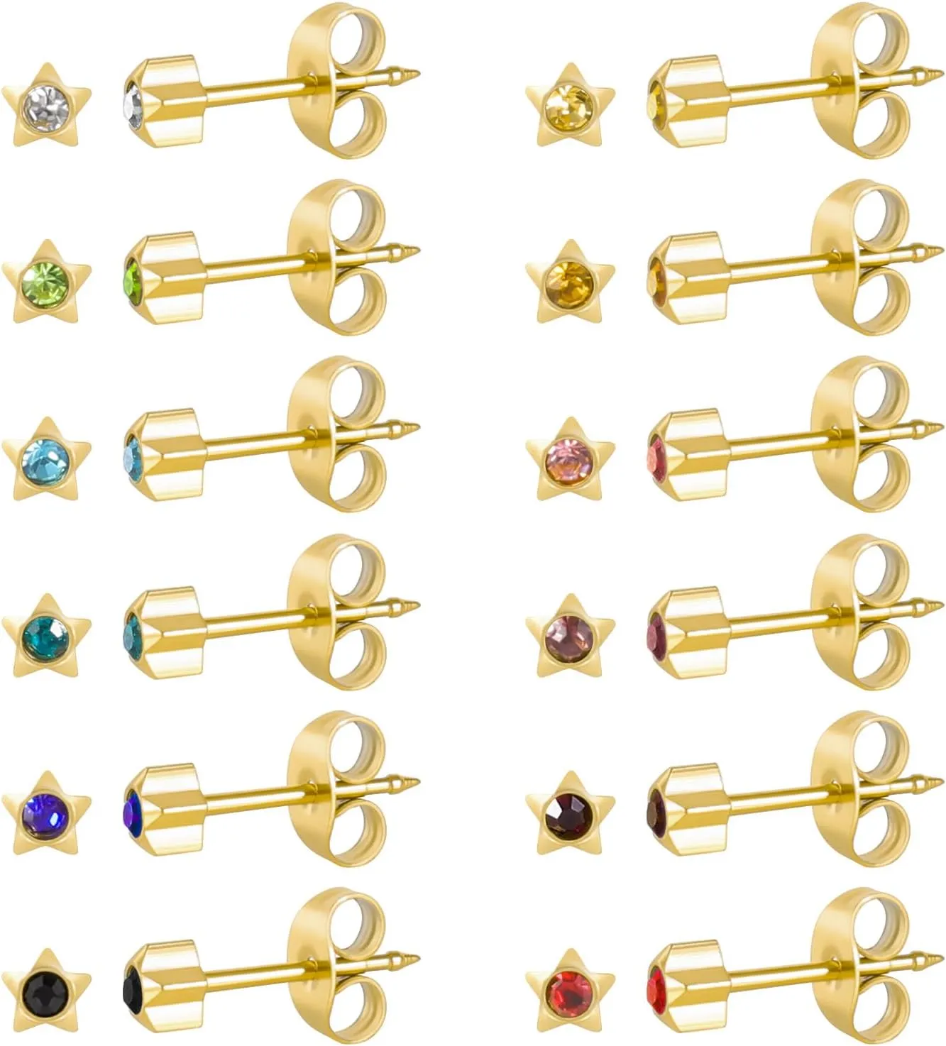 12 Pairs Ear Piercing Stud Earrings, Surgical Stainless Steel Multicolor Cubic Zirconia Birthstone Stud Earrings for Ear Piercing Guns