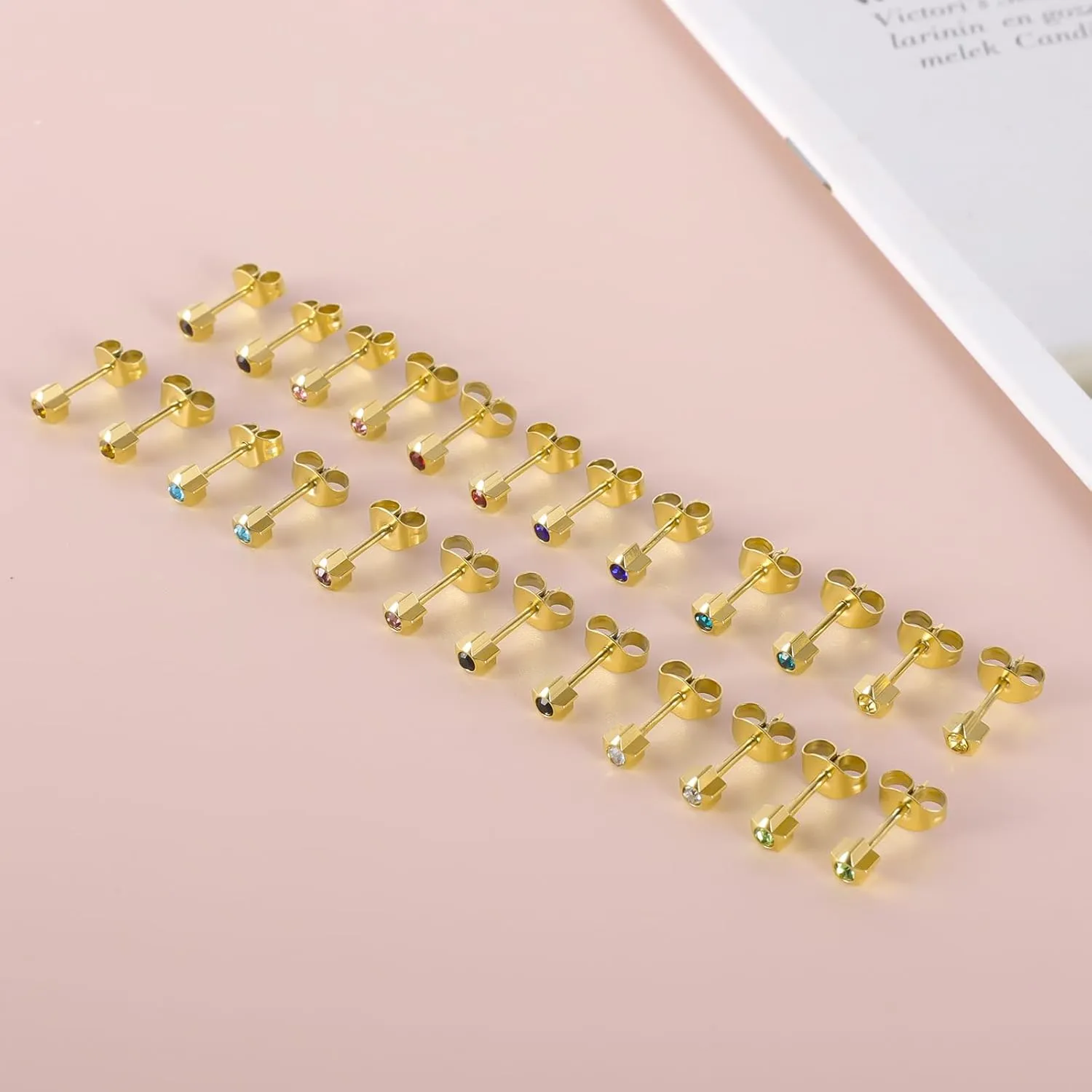 12 Pairs Ear Piercing Stud Earrings, Surgical Stainless Steel Multicolor Cubic Zirconia Birthstone Stud Earrings for Ear Piercing Guns