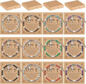 12 Pcs Christians Blessing Bracelets Faith Confirmation Religious Gift for Women Tiny Cross Gemstone Bracelets Bulk