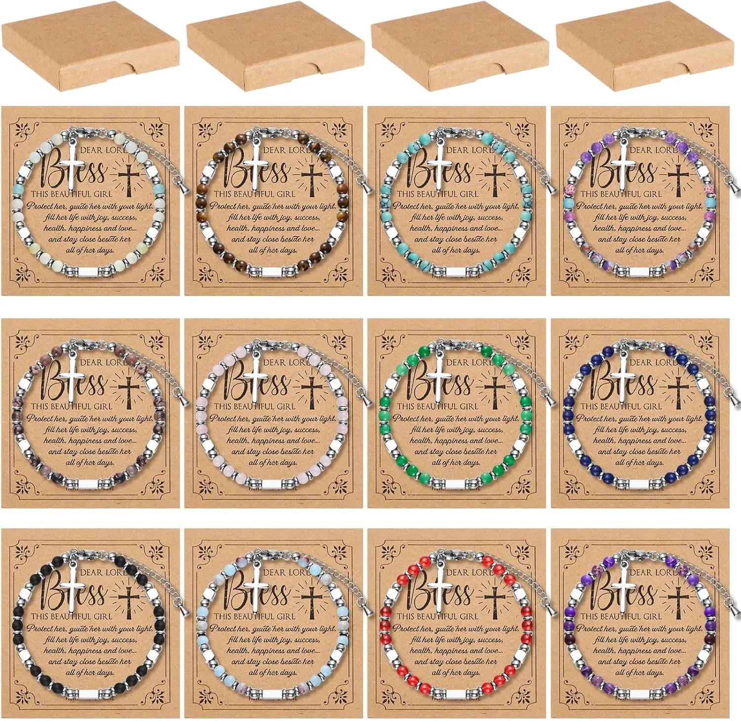 12 Pcs Christians Blessing Bracelets Faith Confirmation Religious Gift for Women Tiny Cross Gemstone Bracelets Bulk