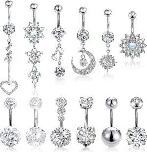 12 Pieces 14G Belly Button Ring for Women Girls, Surgical Steel Belly Button Rings Hypoallergenic CZ Dangle Belly Rings with Long Bar, Piercing Jewelry Curved Navel Barbell for Body Piercing