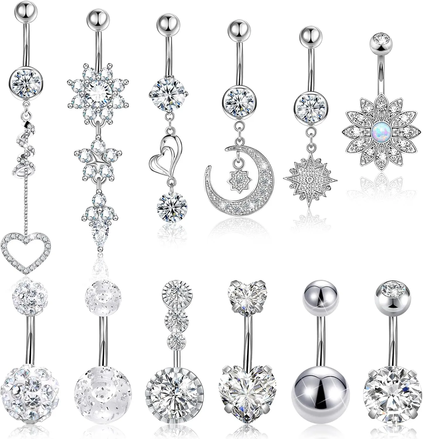 12 Pieces 14G Belly Button Ring for Women Girls, Surgical Steel Belly Button Rings Hypoallergenic CZ Dangle Belly Rings with Long Bar, Piercing Jewelry Curved Navel Barbell for Body Piercing