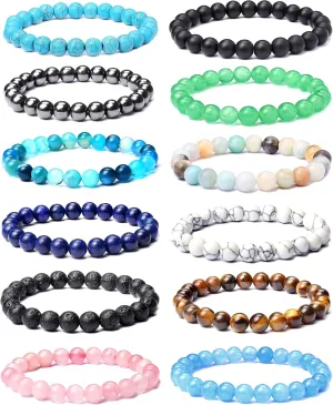 12PCS 8mm Semi-precious Beaded Bracelets for Men Women Healing Stretch Round Bead Crystal Gemstones Bracelets