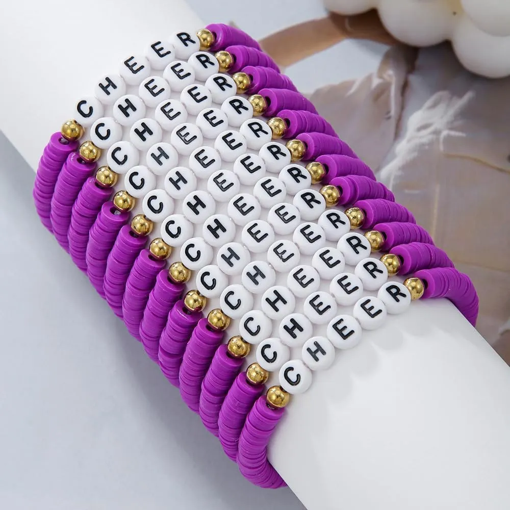 12PCS CHEER Stackable Friendship Bracelets Colorful Polymer Clay Multilayer Stretch Bracelets Cheer Bracelet