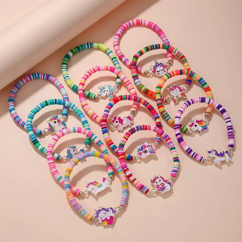 12pcs Friendship Animal Charms Bracelets Cute Dog Cat Unicorn Butterfly Heishi Bracelets Stack Vinyl Clay Disc Bead Stretch Summer Beach Bracelets For Women Girls