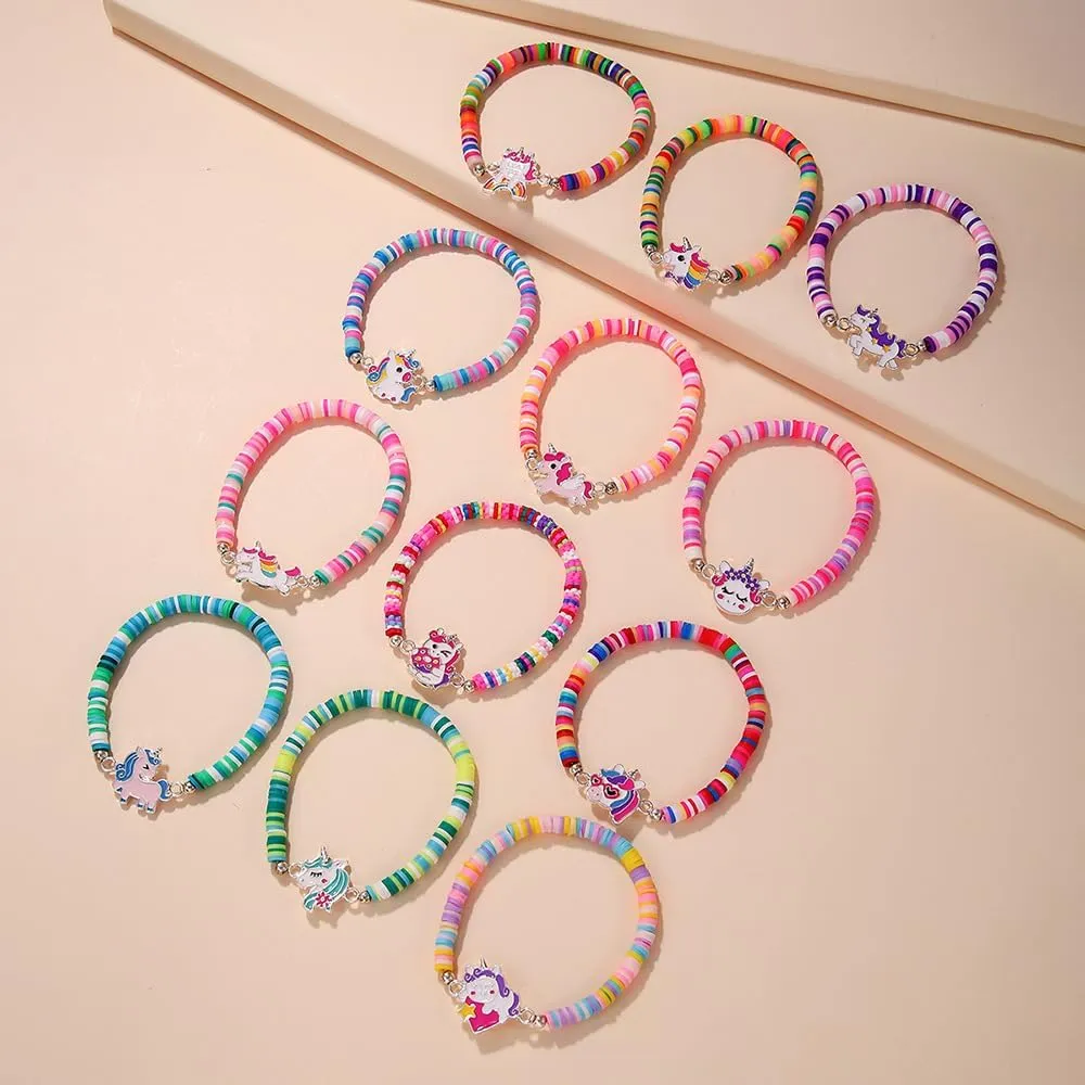 12pcs Friendship Animal Charms Bracelets Cute Dog Cat Unicorn Butterfly Heishi Bracelets Stack Vinyl Clay Disc Bead Stretch Summer Beach Bracelets For Women Girls
