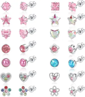 14 Pairs Surgical Steel Earrings Set for Toddlers, Kids, Women - Hypoallergenic Screw Back, Cute Heart CZ Pink Flat Back Stud, Hypoallergenic