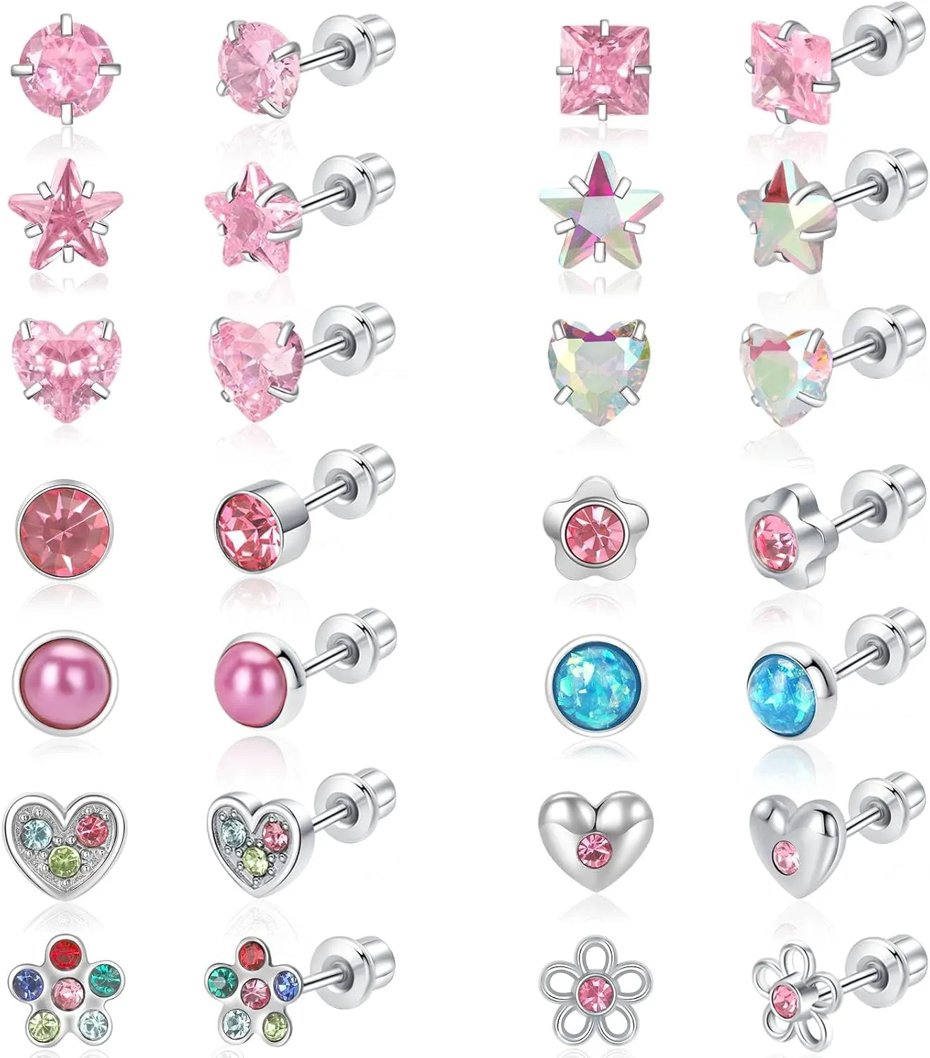 14 Pairs Surgical Steel Earrings Set for Toddlers, Kids, Women - Hypoallergenic Screw Back, Cute Heart CZ Pink Flat Back Stud, Hypoallergenic