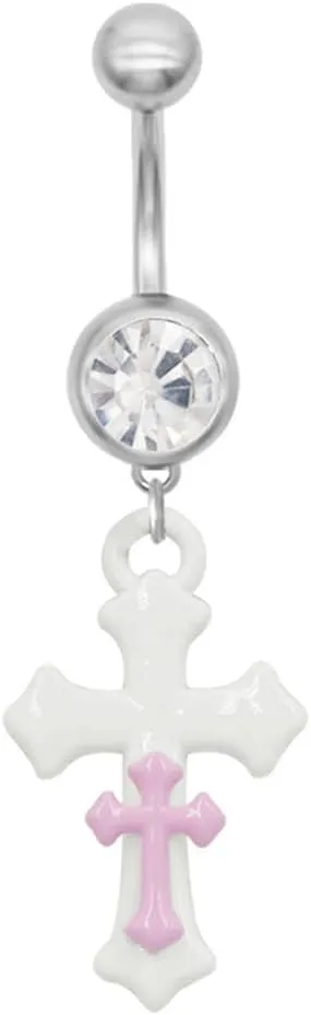 14G Cute Acrylic Cross Dangle Belly Button Rings for Women 316L Stainless Steel Belly Piercing Jewelry 3/8 Inch Navel Curved Barbell Ring Dangling Body Piercing Jewelry