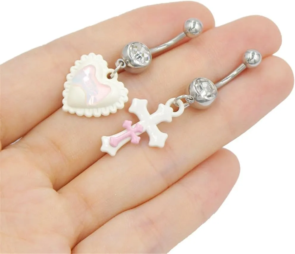 14G Cute Acrylic Cross Dangle Belly Button Rings for Women 316L Stainless Steel Belly Piercing Jewelry 3/8 Inch Navel Curved Barbell Ring Dangling Body Piercing Jewelry