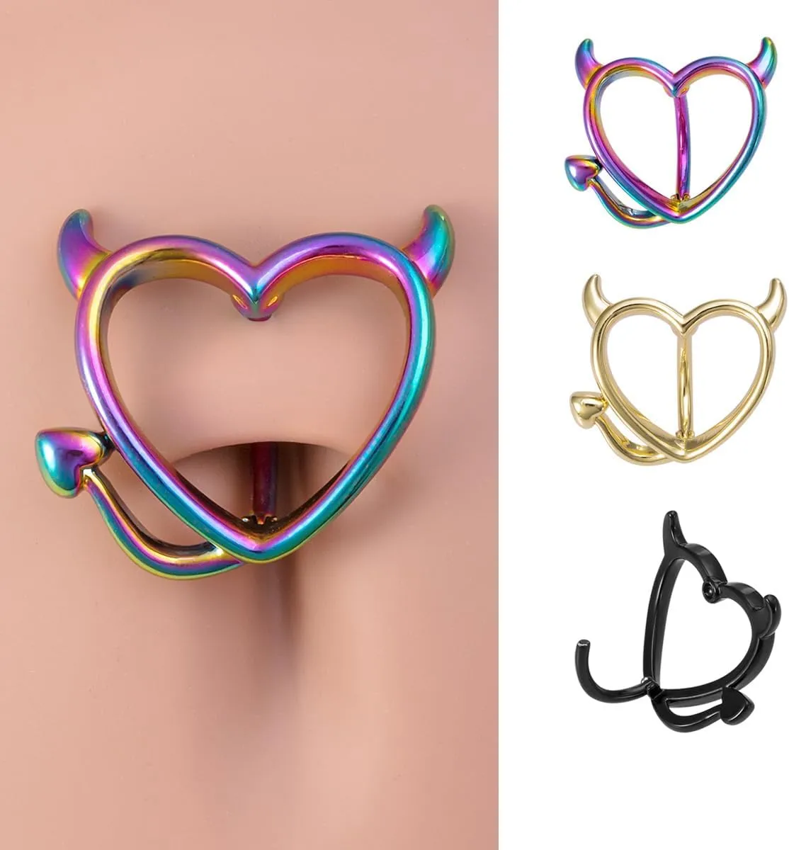 14G Devil Heart Reverse Belly Button Rings - 316L Stainless Steel Navel Rings - Curved Barbell Minimalist Belly Piercing Jewelry
