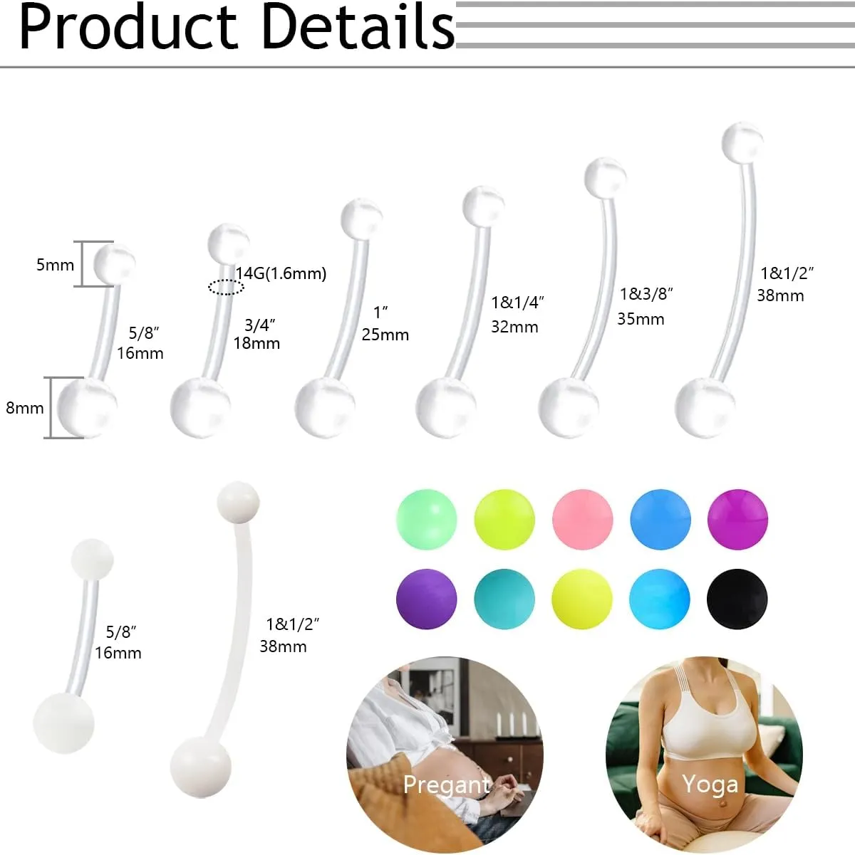 14G Pregnant Belly Ring with Replacement Balls for Women Acrylic Flexible Bioplast Sport Maternity Belly Button Ring Retainer Balls for Replacement 16-38mm