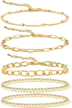 14K Gold Beaded Bracelets for Women,Dainty Gold Plated Chain Link Bracelet Stretchable Adjustable Bracelet
