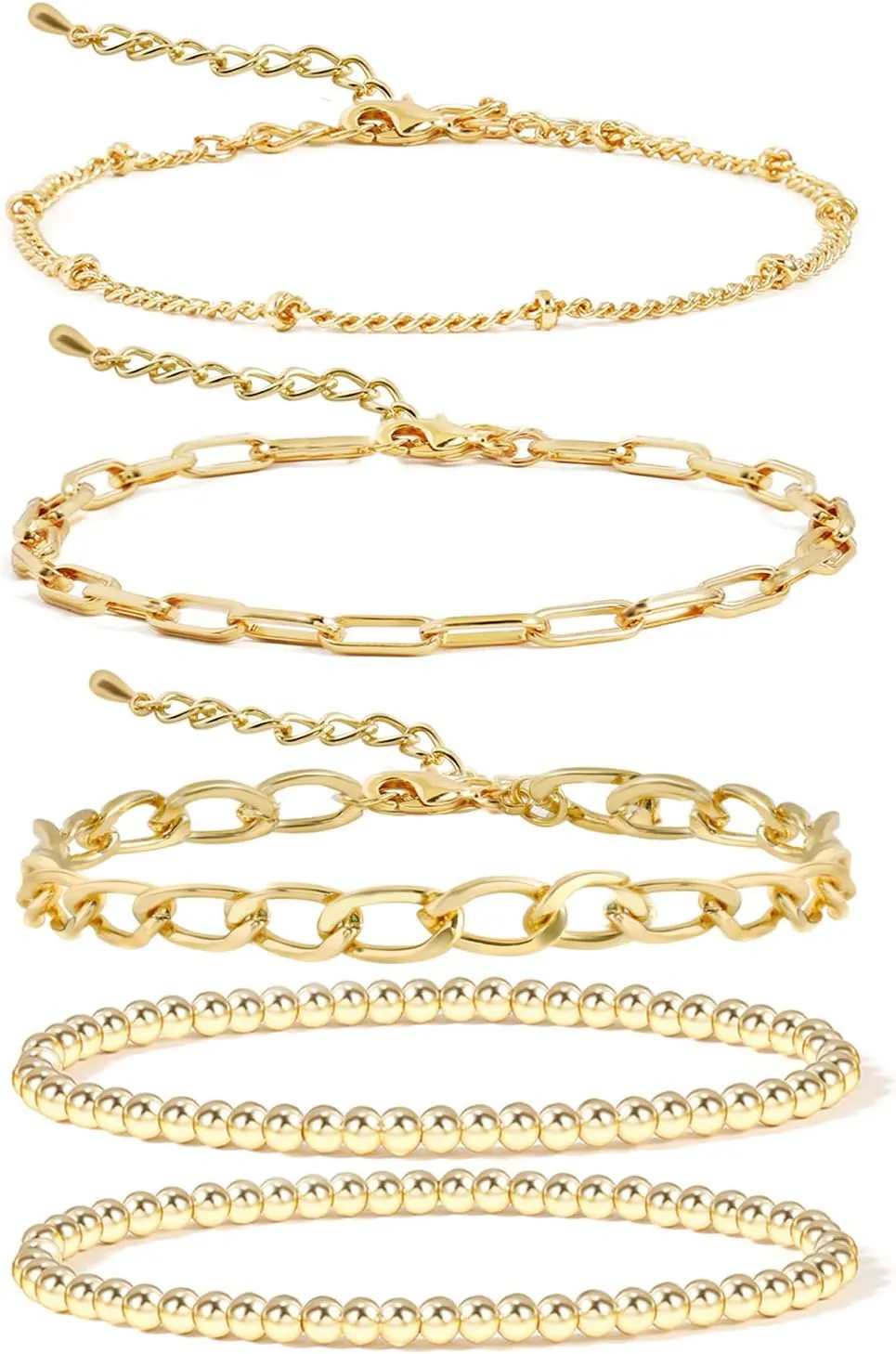 14K Gold Beaded Bracelets for Women,Dainty Gold Plated Chain Link Bracelet Stretchable Adjustable Bracelet
