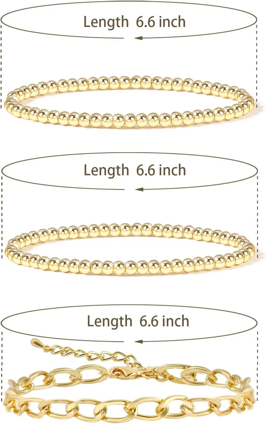 14K Gold Beaded Bracelets for Women,Dainty Gold Plated Chain Link Bracelet Stretchable Adjustable Bracelet