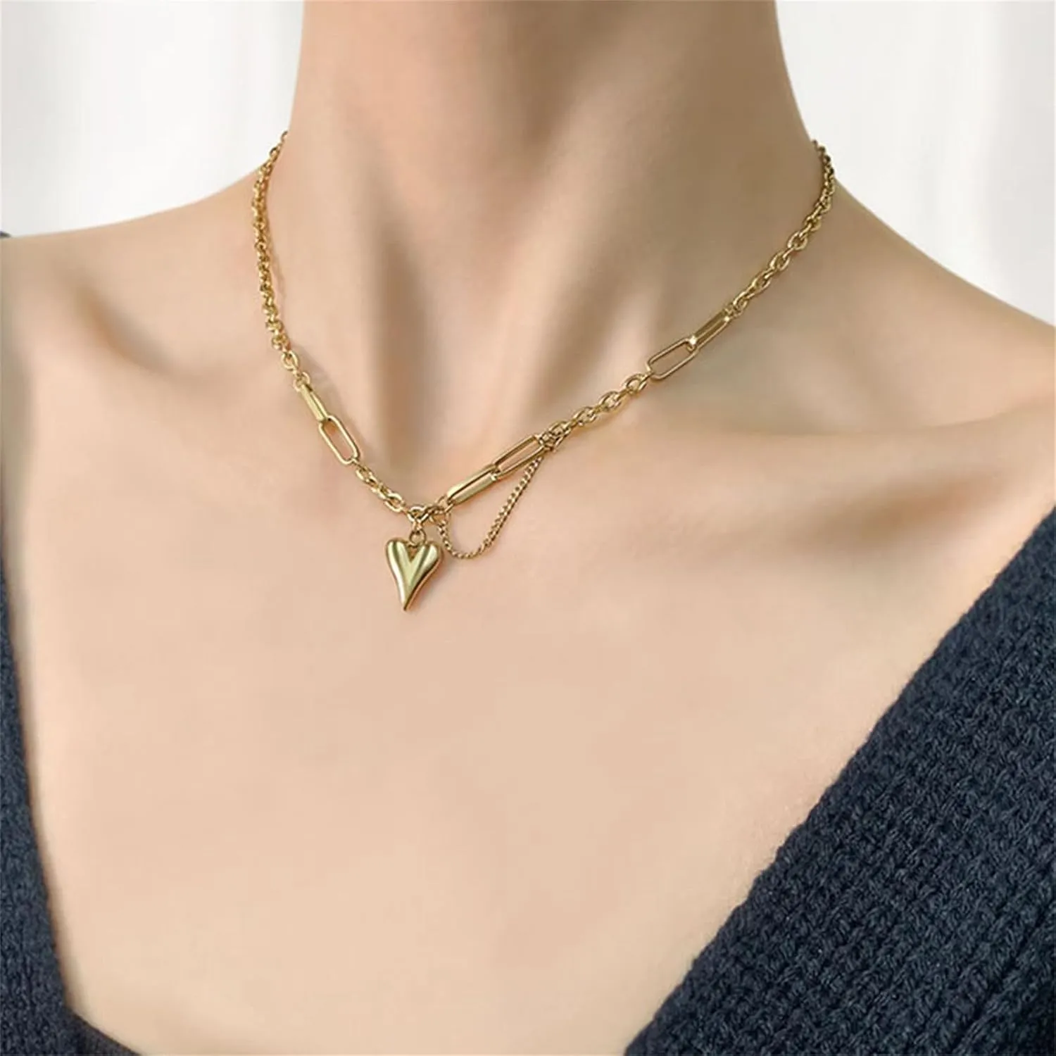 14k Gold Heart Necklaces for Women, Dainty Puffy Heart Stainless Steel Silver Choker Necklaces for Women, Uncommon James Paperclip Heart Necklace Aesthetic Jewelry
